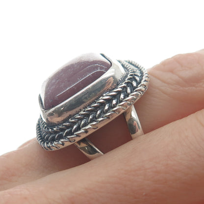 925 Sterling Silver Vintage Real Cushion-Cut Purple Jasper Roped Ring Size 8.25
