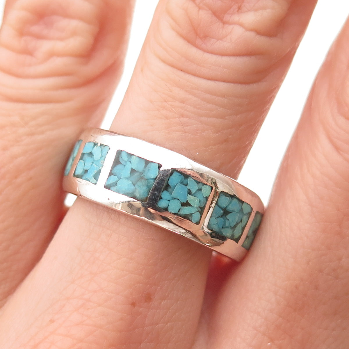 Old Pawn 925 Sterling Silver Vintage Turquoise Inlay Tribal Band Ring Size 9.5