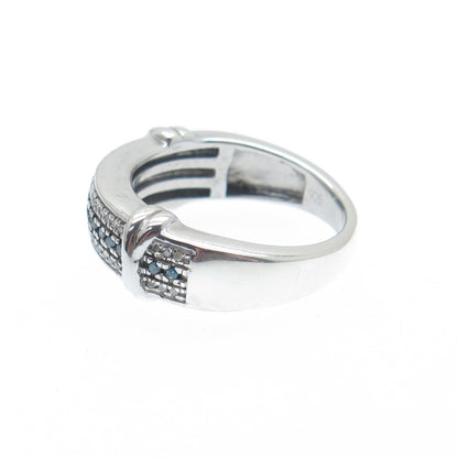 925 Sterling Silver Real Round-Cut Blue & White Diamond X Shape Ring Size 5