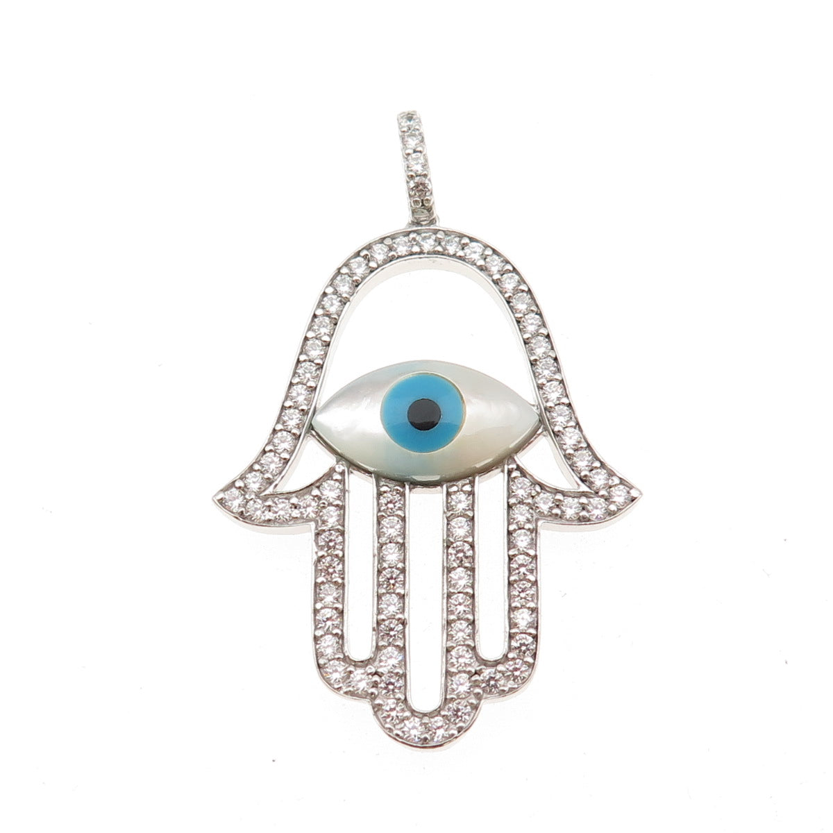 925 Sterling Silver Real MOP Turquoise Black Onyx & C Z Hamsa Amulet Pendant