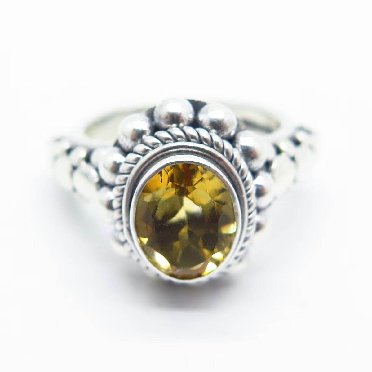 925 Sterling Silver Vintage Real Citrine Gem Beaded Oval Ring Size 6