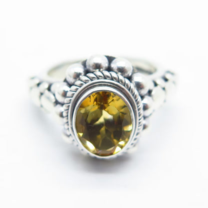 925 Sterling Silver Vintage Real Citrine Gem Beaded Oval Ring Size 6