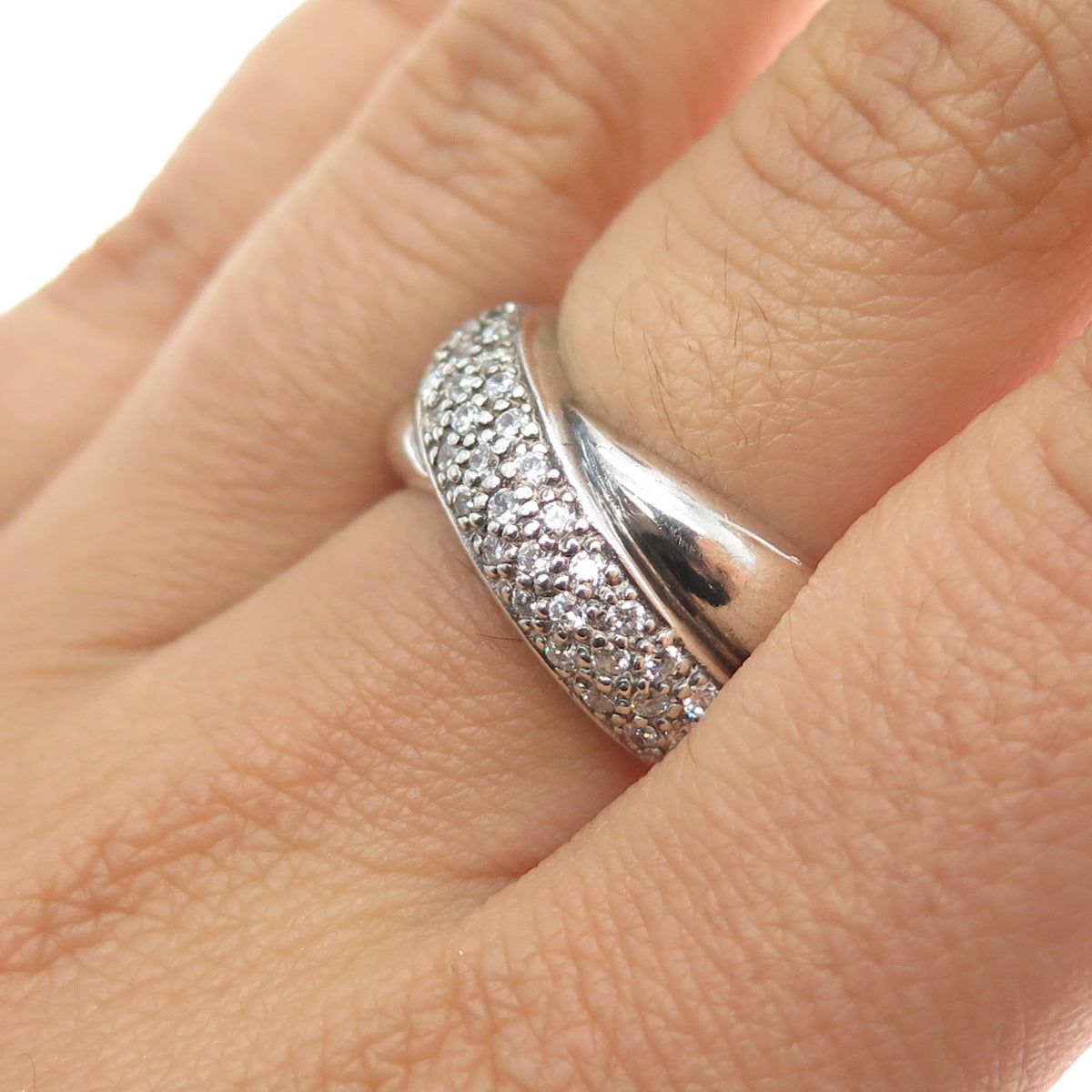 925 Sterling Silver Vintage Round-Cut C Z Crisscross Ring Size 6.75