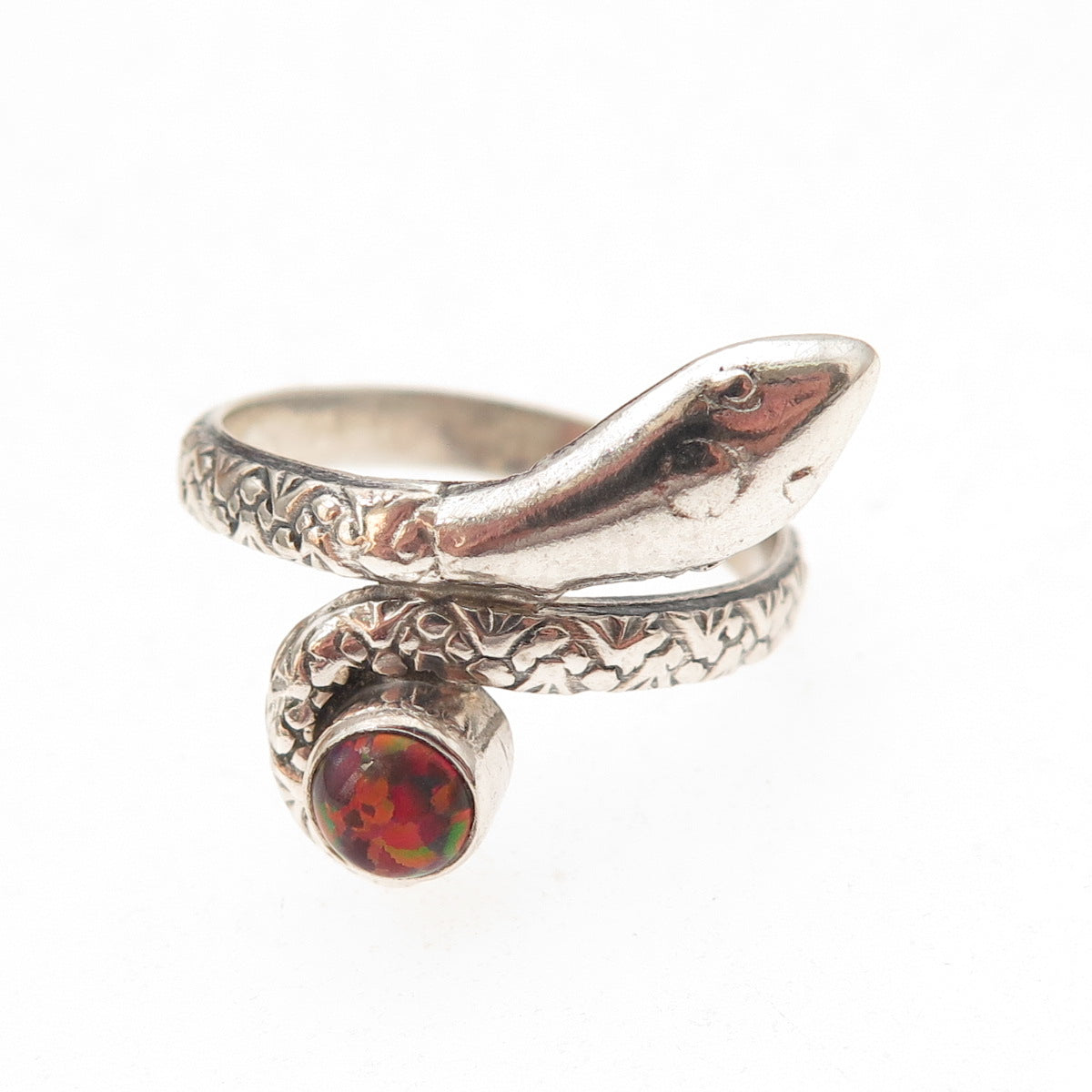 925 Sterling Silver Vintage Real Red Opal Snake Oxidized Ring Size 8.75