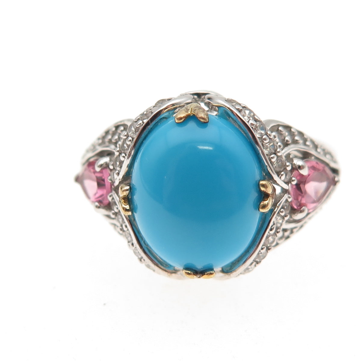 925 Sterling 2-Tone Real Turquoise Pink Amethyst White Topaz Ring Size 8.25