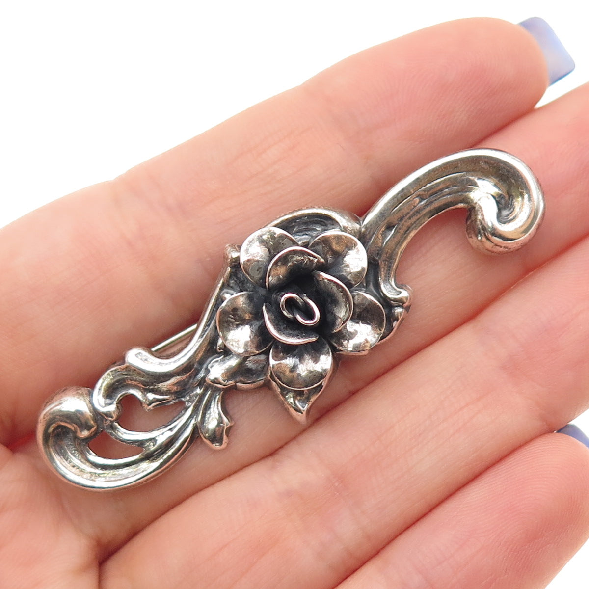 JEWELART 925 Sterling Silver Vintage Rose Flower Oxidized Pin Brooch