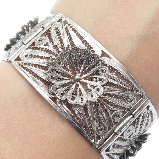 925 Sterling Silver Vintage Mexico Flower Filigree Panel Link Bracelet 7.25"