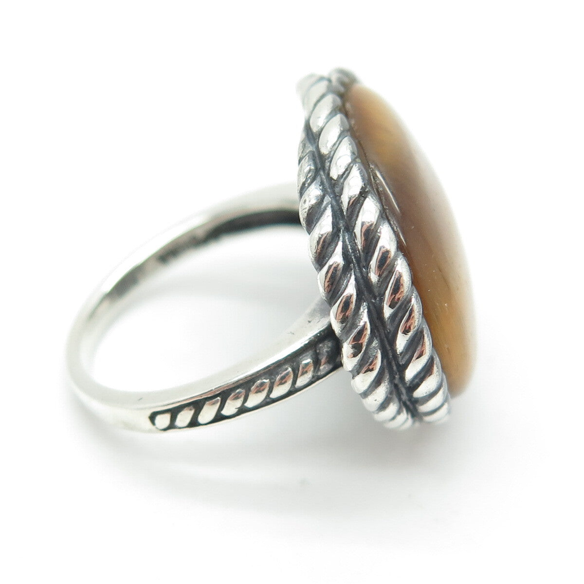 925 Sterling Silver Vintage Real Tiger Eye Modernist Roped Ring Size 7