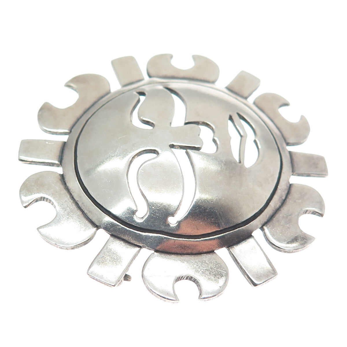 925 Sterling Silver Vintage Mexico Sun Face Oxidized Pin Brooch