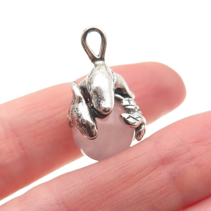 925 Sterling Silver Vintage Real Rose Quartz Dolphin Oxidized Charm Pendant