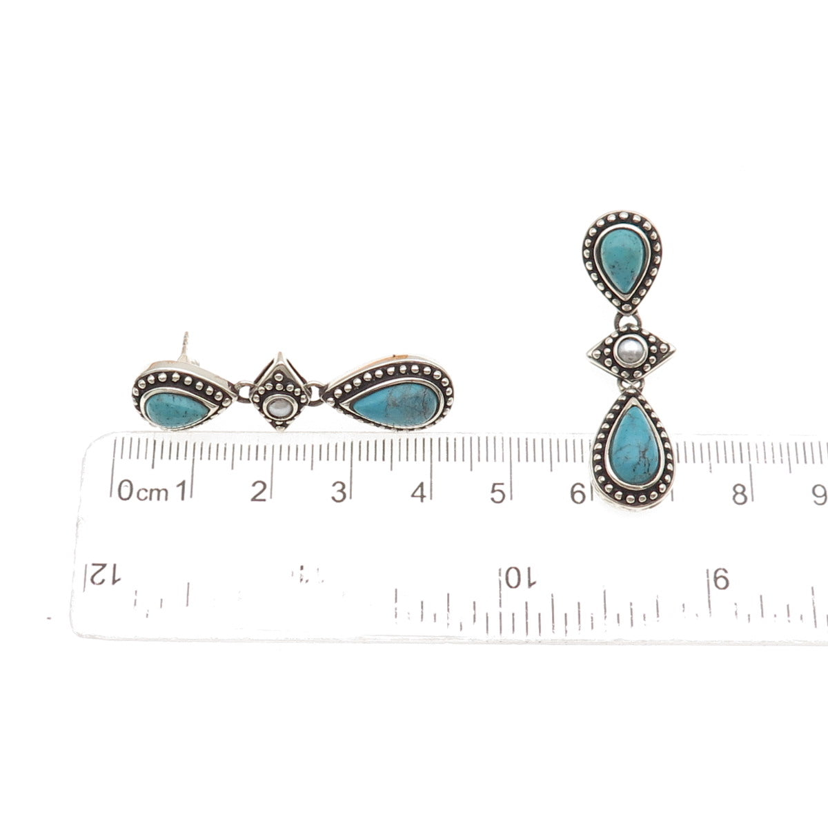 Whitney Kelly 925 Sterling Vintage Real Turquoise & Faux Pearl Dangle Earrings