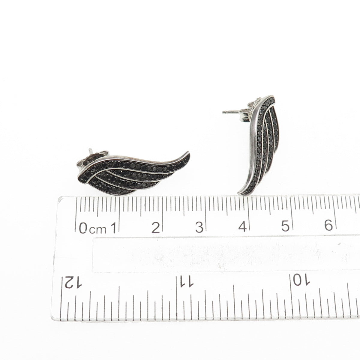 925 Sterling Silver Real Round-Cut Black Diamond Angel Wings Earrings