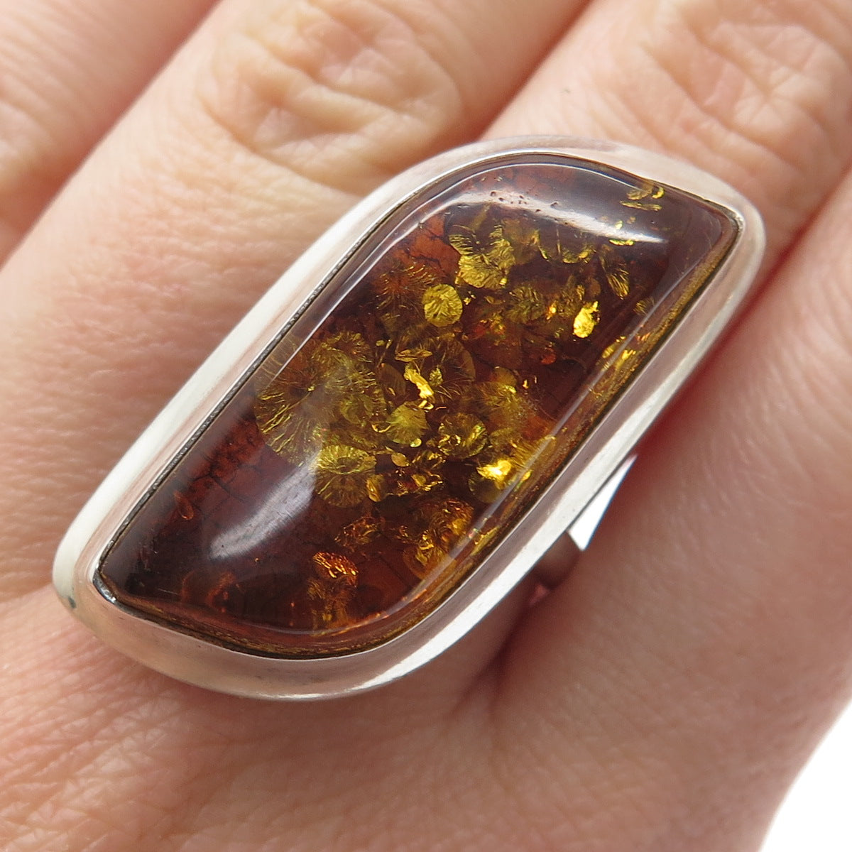 925 Sterling Silver Vintage Poland Real Amber Modernist Ring Size 8.5