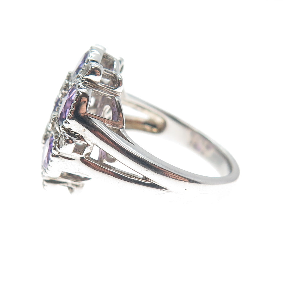 925 Sterling Silver Real Amethyst & White Topaz Gem Cluster Ring Size 7.25