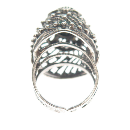 925 Sterling Silver Vintage Israel Eilat Gem Ethnic Domed Adjustable Ring Size 8
