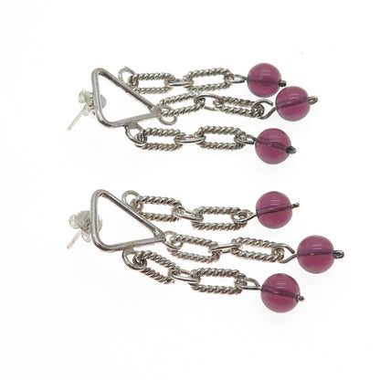 925 Sterling Silver Vintage Amethyst Modernist Drop Chain Ball Dangle Earrings