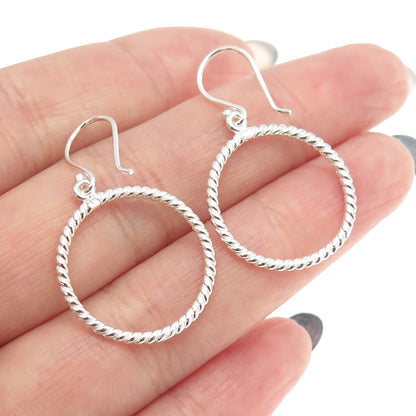925 Sterling Silver Twisted Rope Circle Dangling Earrings