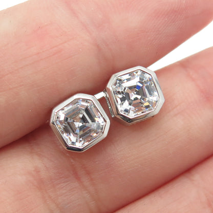 925 Sterling Silver Octagon-Cut Shaped C Z Stud Earrings