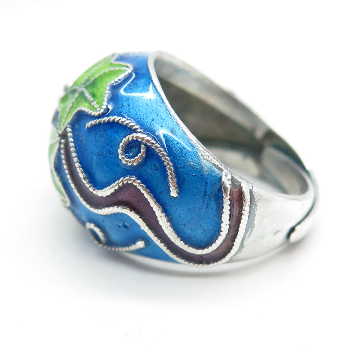 925 Sterling Silver Antique Chinese Enamel Grape Vine Adjustable Ring Size 6