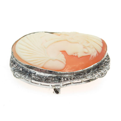 800 Silver Antique Real Carved MOP Victorian Lady Cameo Filigree Pin Pendant