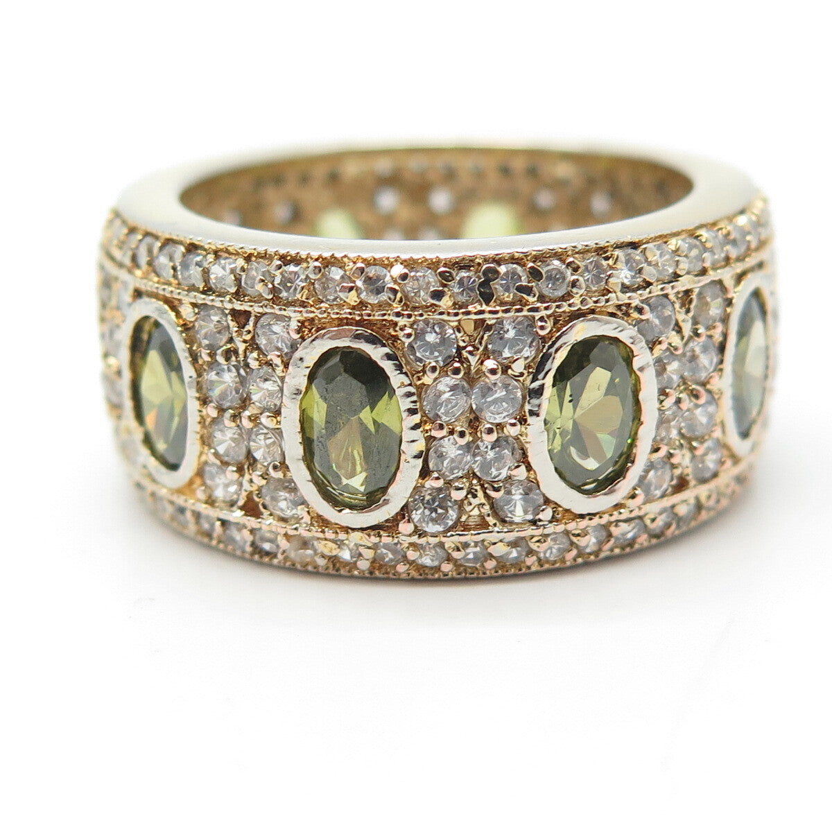 925 Sterling Silver Gold Plated White & Green C Z Band Ring Size 11