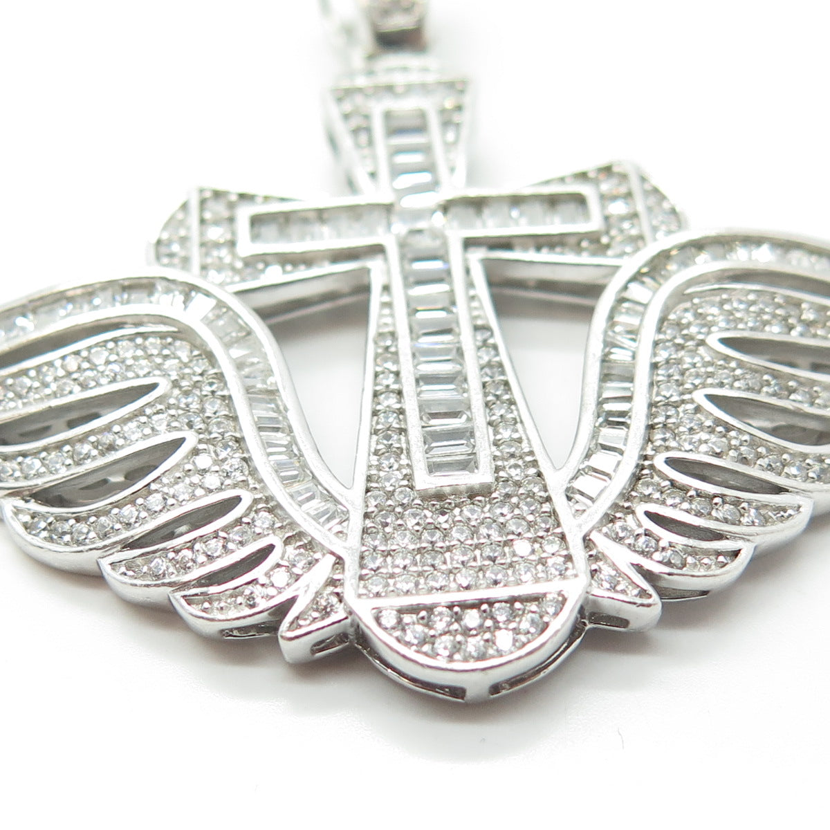 925 Sterling Silver Multi-Cut White C Z Cross & Angel Wings Pendant