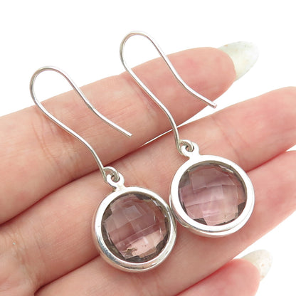 925 Sterling Silver Vintage Real Round-Cut Amethyst Dangling Earrings