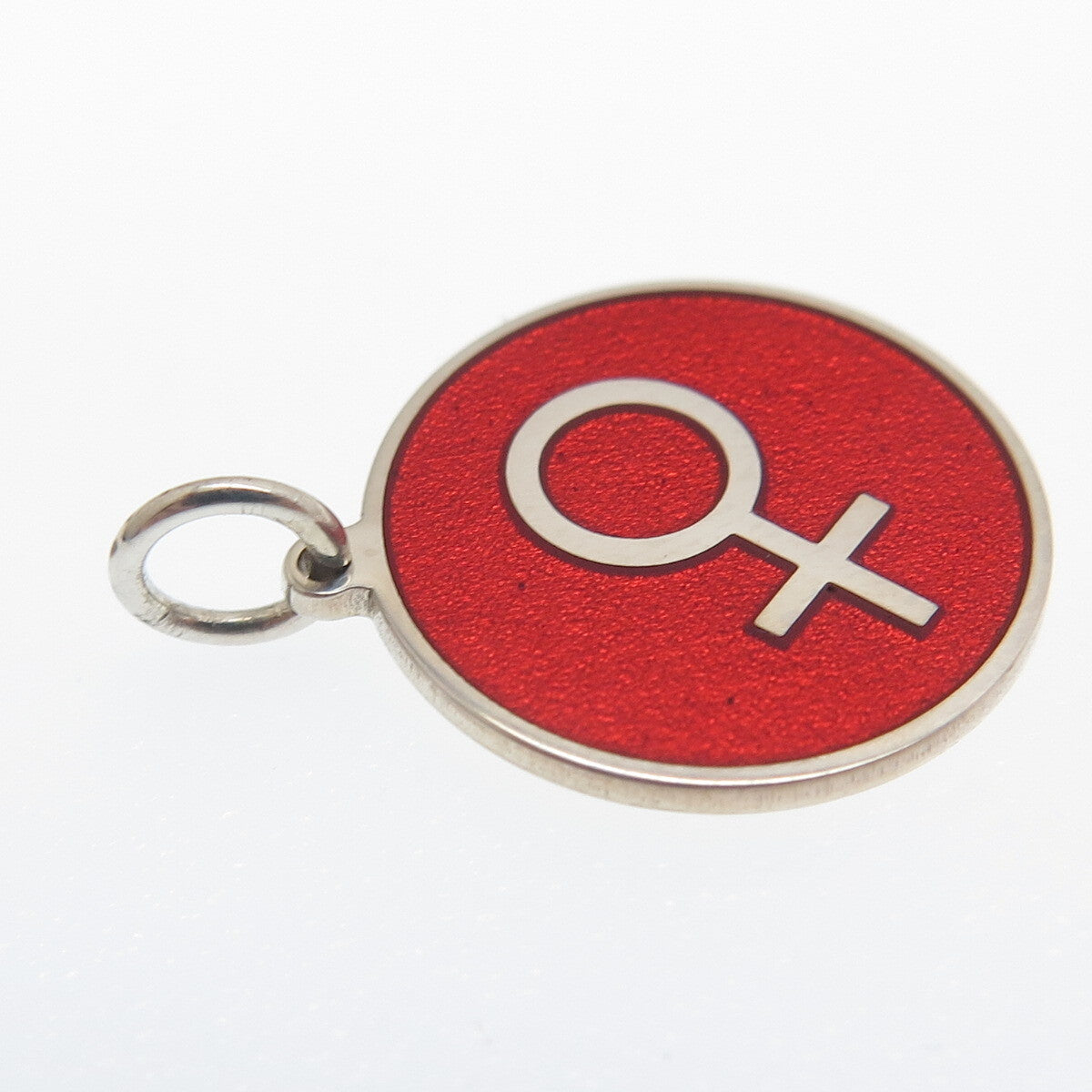 925 Sterling Silver Red Enamel Female Sign Round Tag Minimalist Charm Pendant
