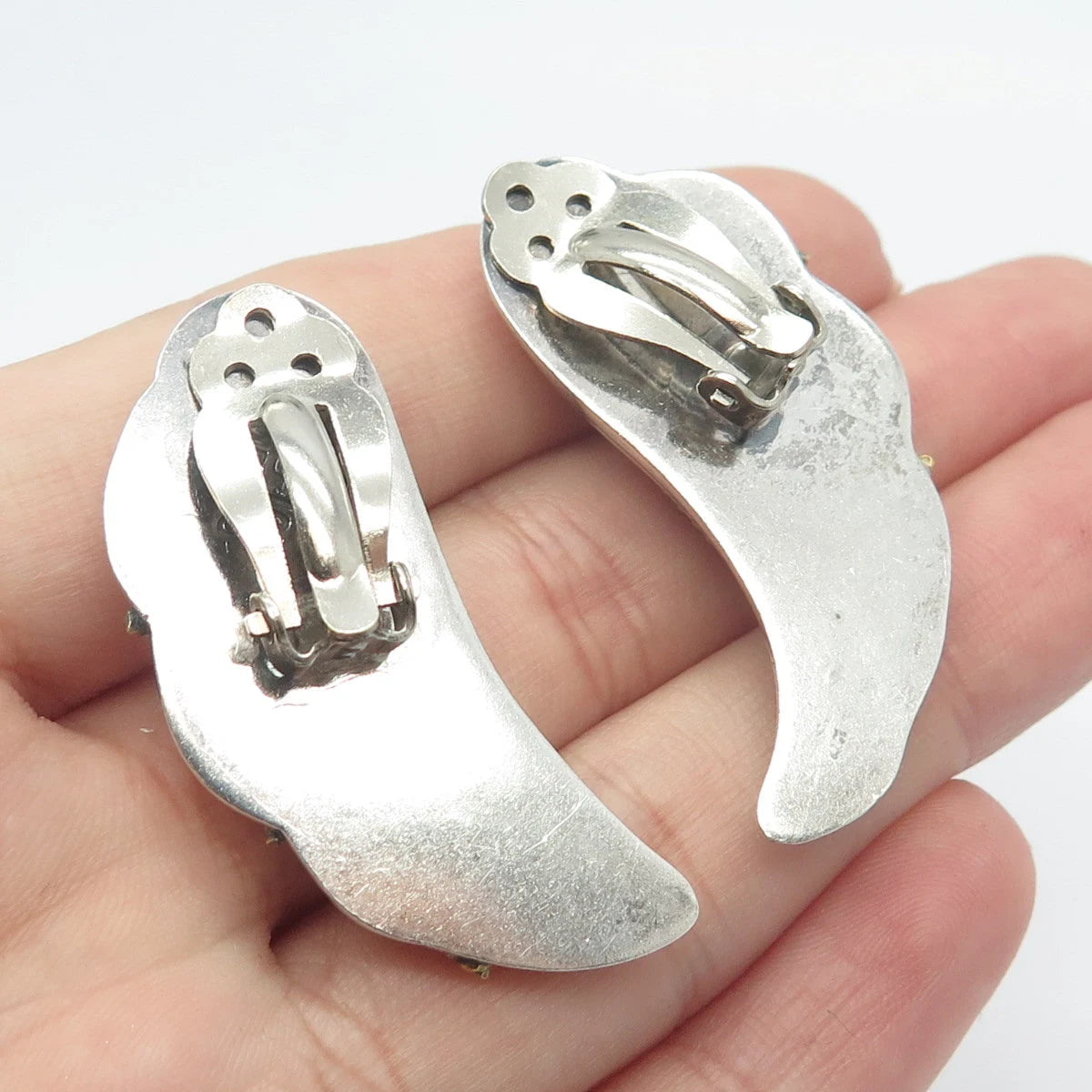 925 Sterling Silver 2-Tone Vintage Mexico Twisted Modernist Clip On Earrings