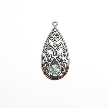 925 Sterling Silver Vintage Real Blue Topaz Ornate Teardrop Oxidized Pendant