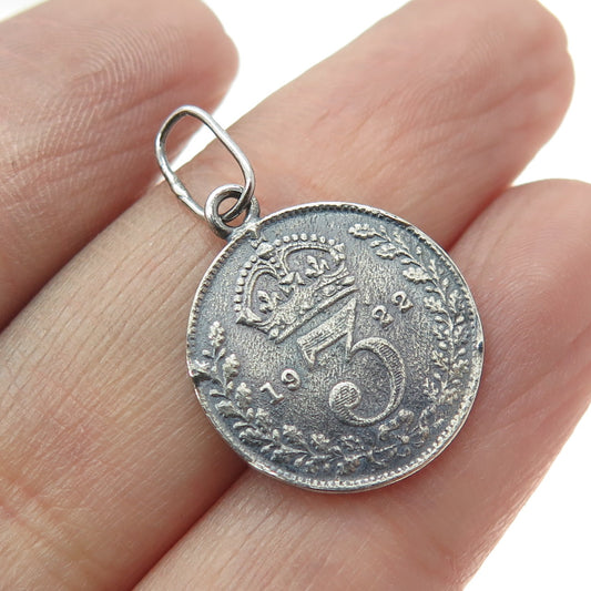 925 Sterling Silver Antique 1922 3 Pence King George V Coin Pendant