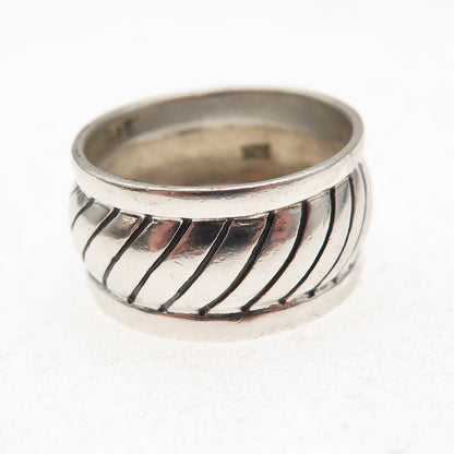 925 Sterling Silver Vintage Modernist Ribbed Oxidized Wide Band Ring Size 6.75