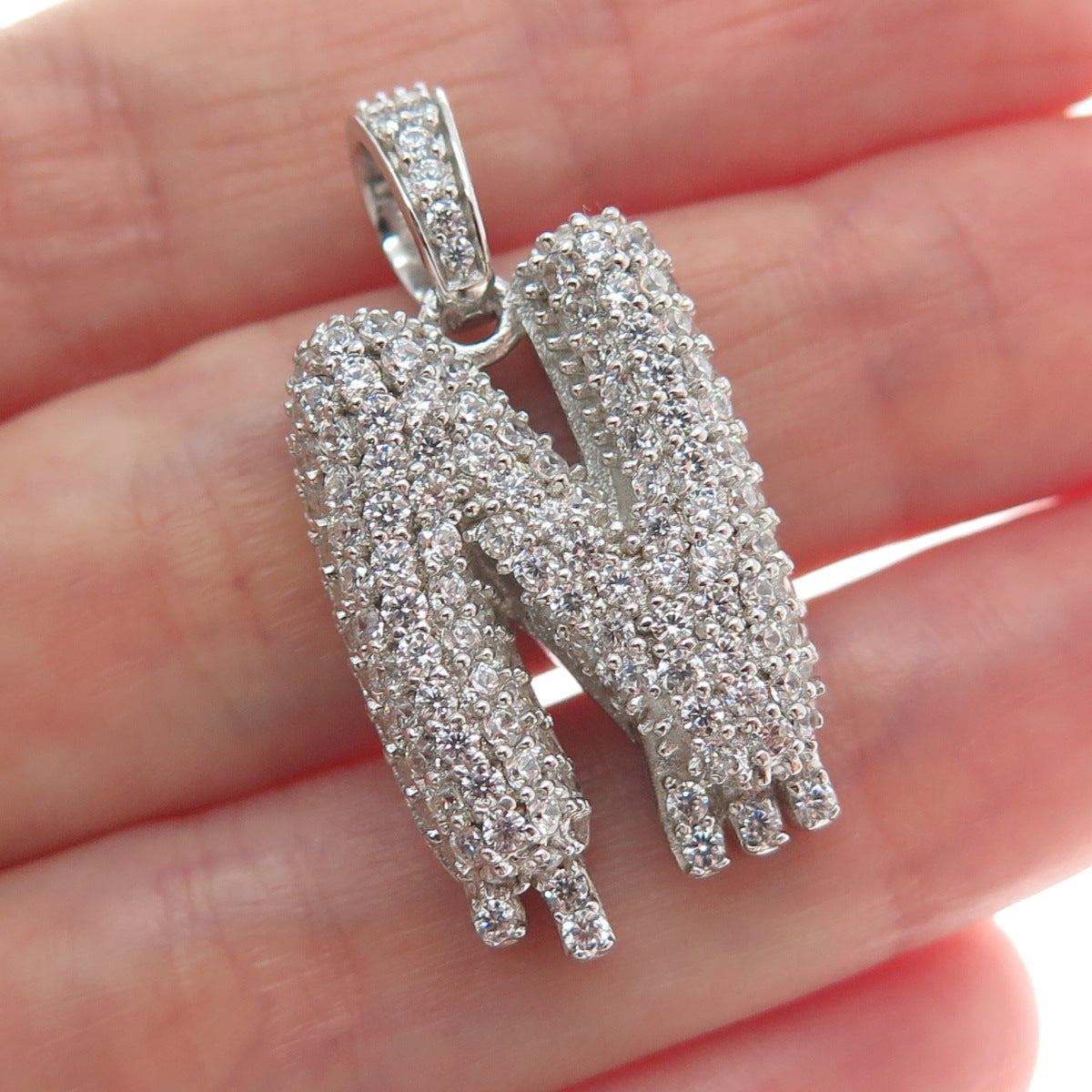 925 Sterling Silver Round-Cut Shaped C Z Letter N Initial Sparkle Pendant