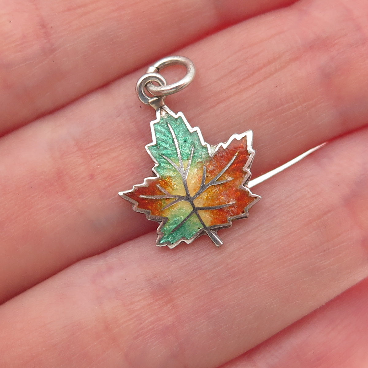 C. Lamond Fils Sterling Silver Antique Art Deco Enamel Maple Leaf Mini Pendant