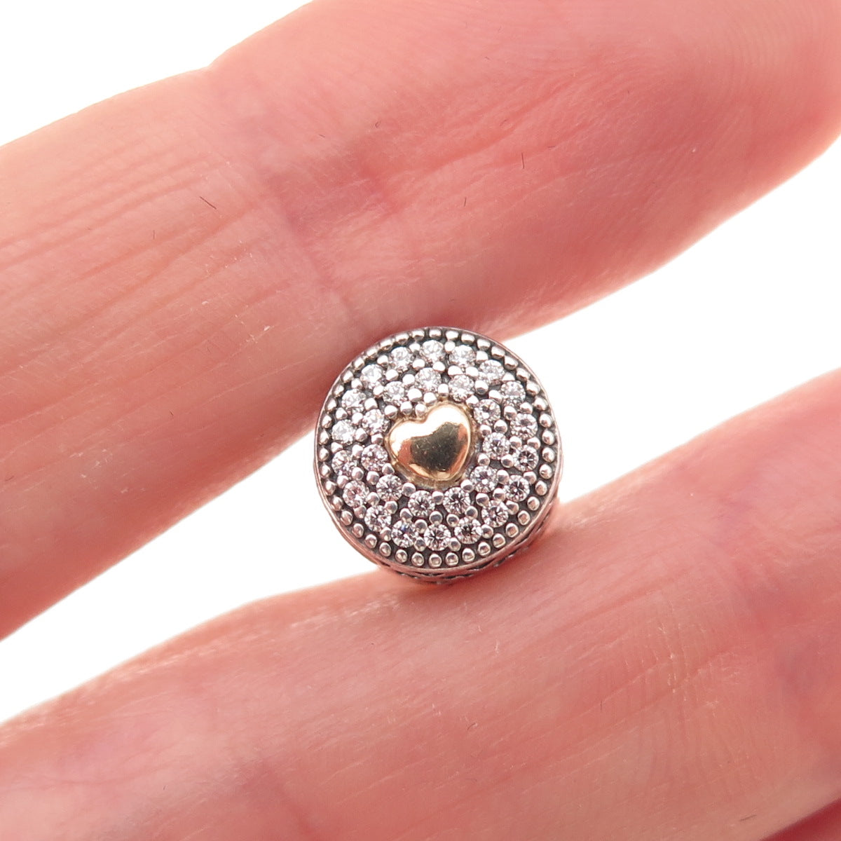 Pandora 925 Sterling Silver & Gold C Z Essence Affection Heart Slide Bead Charm