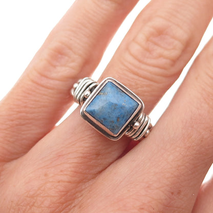 925 Sterling Silver Vintage Real Lapis Modernist Woven Oxidized Ring Size 5