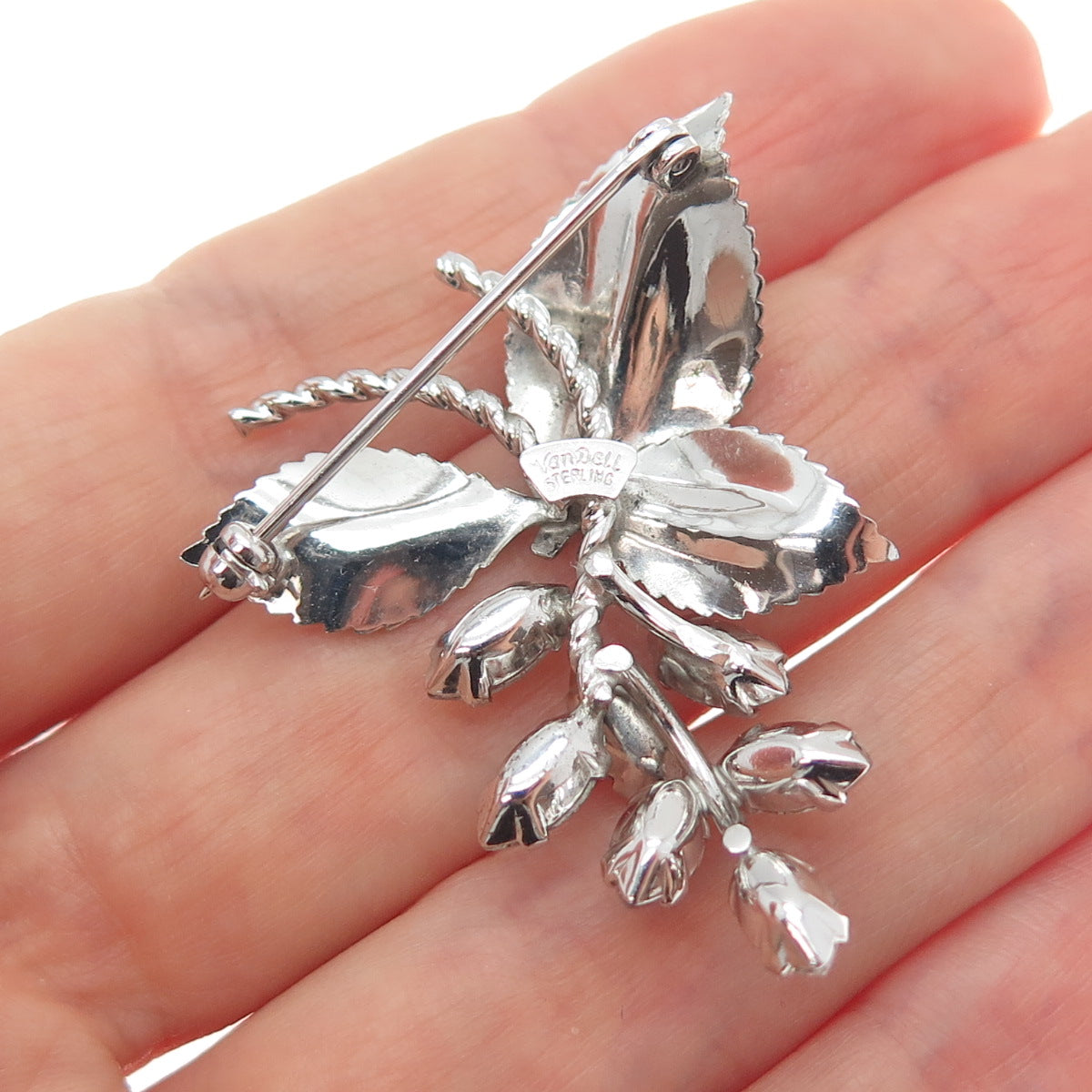 VAN DELL 925 Sterling Silver Antique Art Deco Rhinestone Floral Pin Brooch