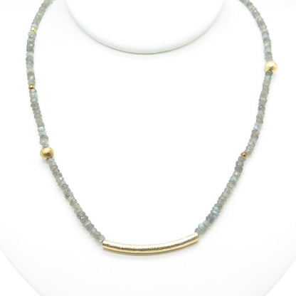 925 Sterling Silver Gold Plated Real Labradorite Beaded Bar Necklace 16-18"