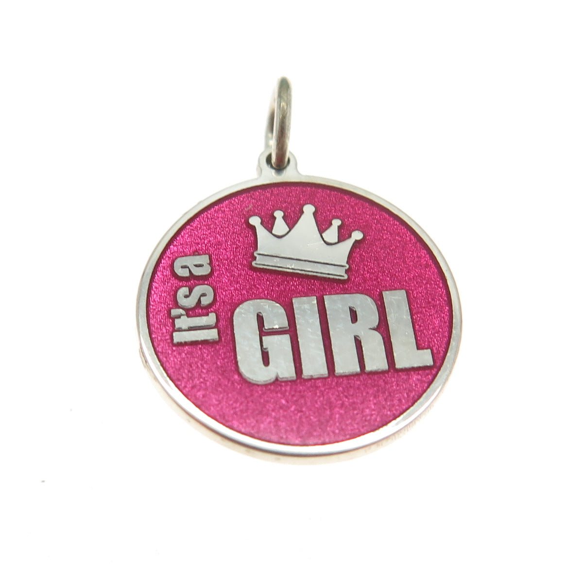 925 Sterling Silver Pink Enamel "It's a Girl" Round Tag Minimalist Charm Pendant