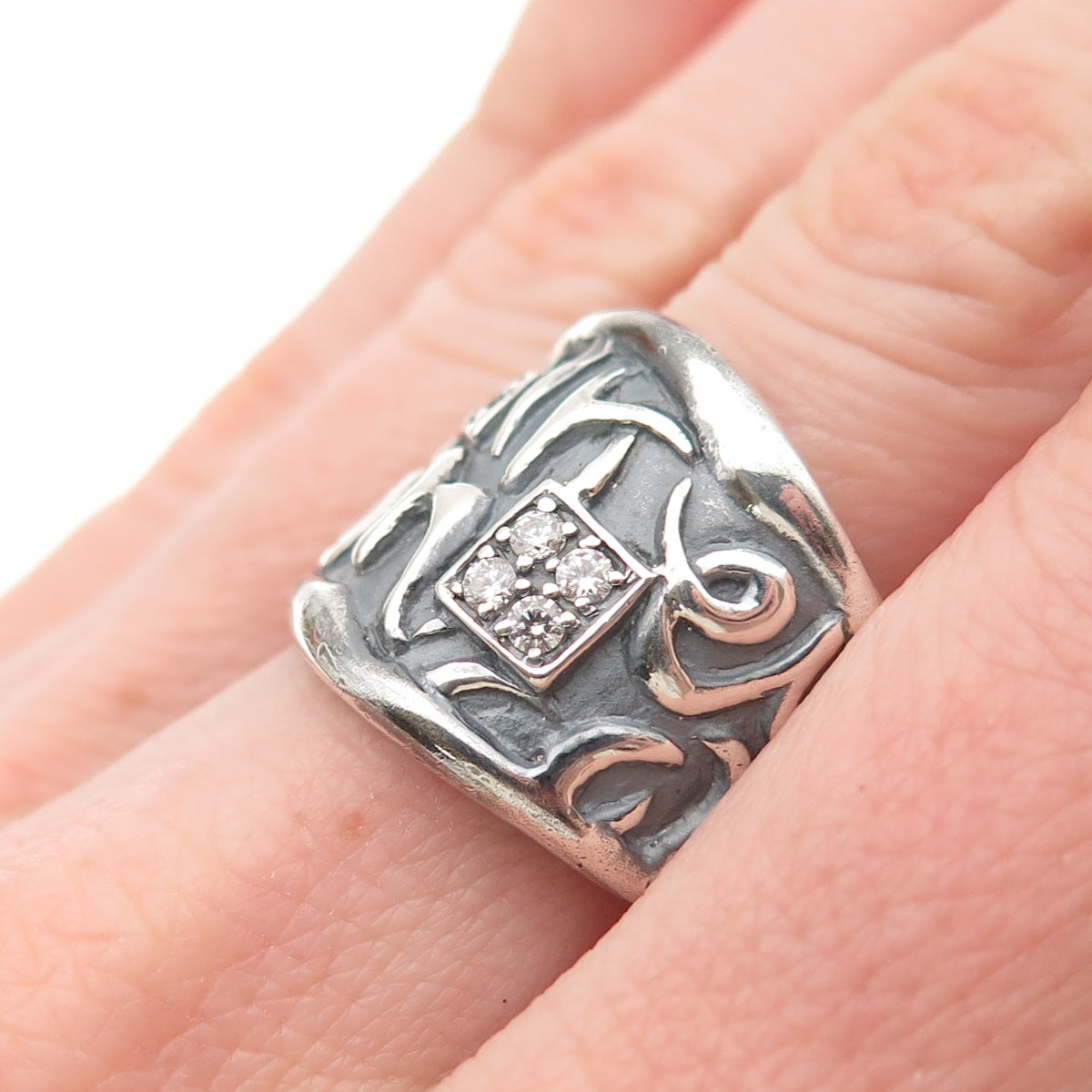 SAN GIOVANNI 925 Sterling Silver Vintage C Z Monkey Mount Oxidized Ring Size 8