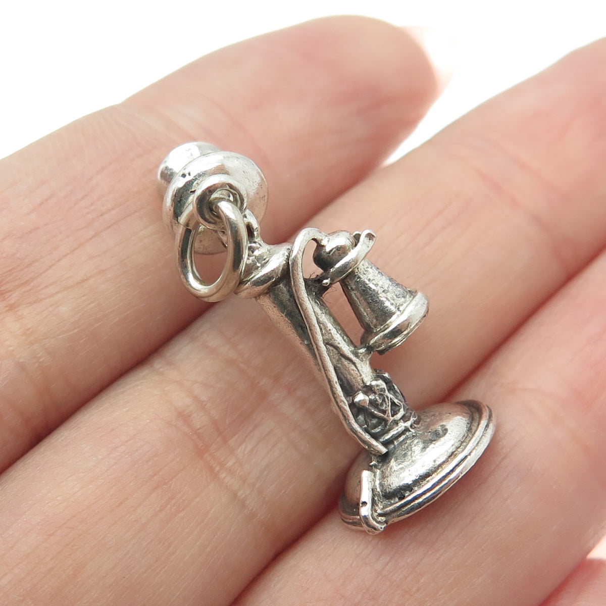 BEAU 925 Sterling Silver Antique Retro Candlestick Phone 3D Pendant