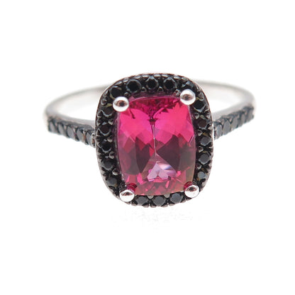 925 Sterling Silver Real Pink Tourmaline & Black Spinel Ring Size 12