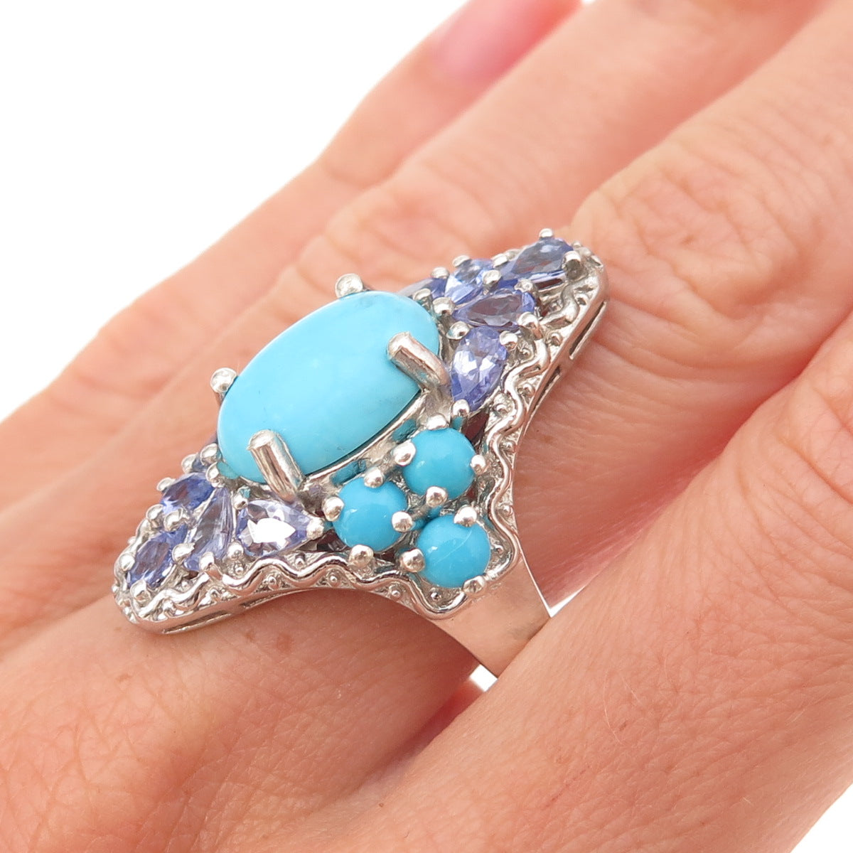 Chuck Clemency 925 Sterling Silver Real Turquoise & Tanzanite Ring Size 8.25