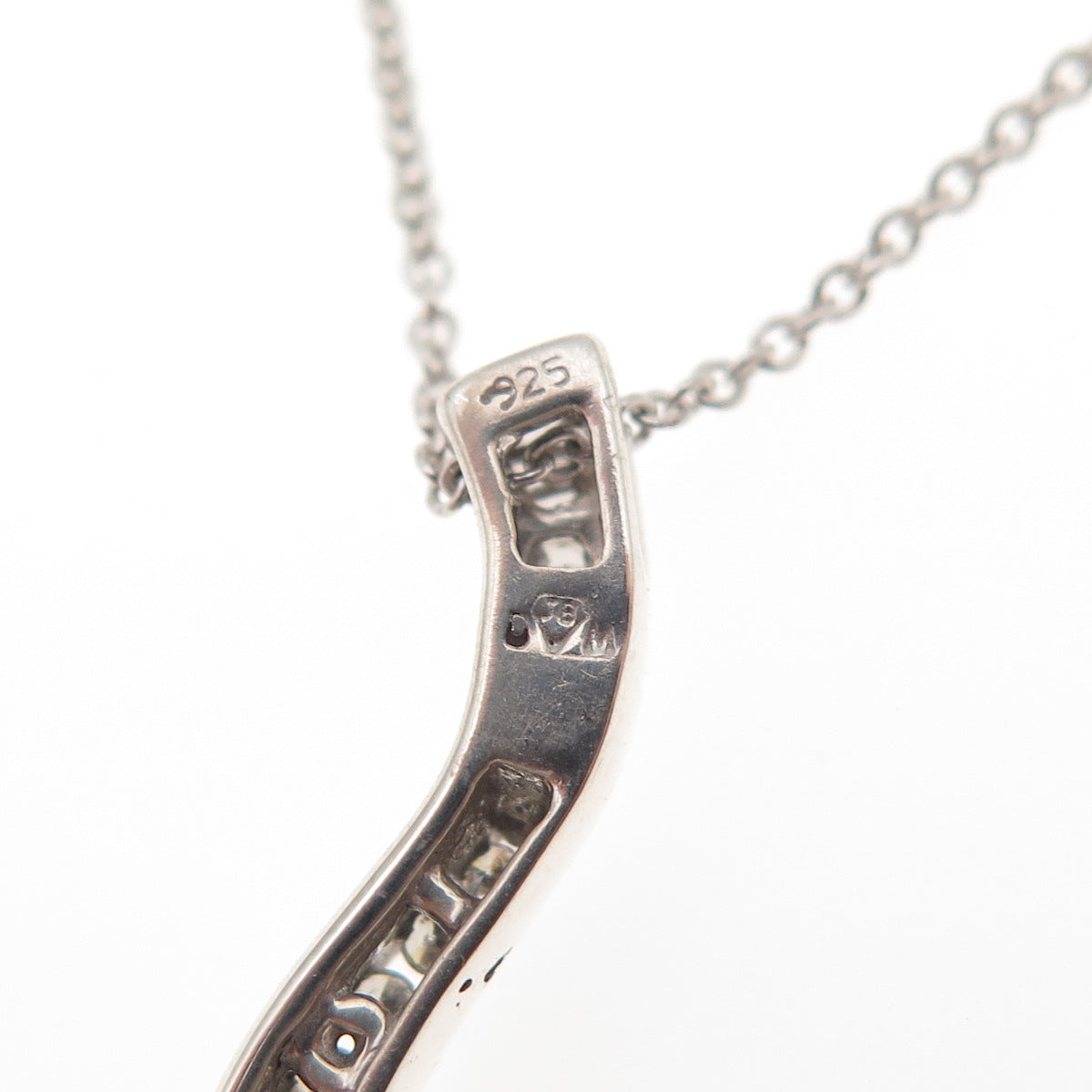 925 Sterling Silver Real Diamond Wavy Pendant Cable Chain Necklace 18"