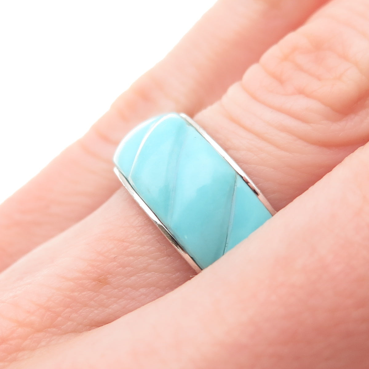 JS JOSEPH SCHMID 925 Sterling Silver Vintage Real Turquoise Band Ring Size 5.25