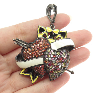 925 Sterling Silver Black Rhodium Enamel Real Multi-Color Sapphire Heart Pendant