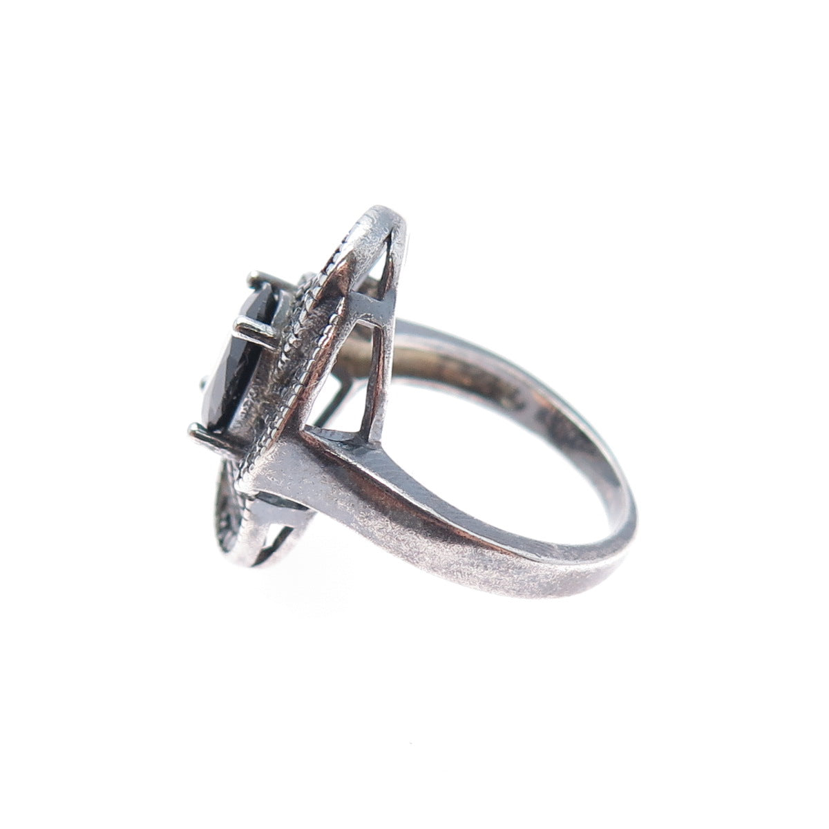 925 Sterling Silver Vintage Real Black Spinel & C Z Flower Oxidized Ring Size 6