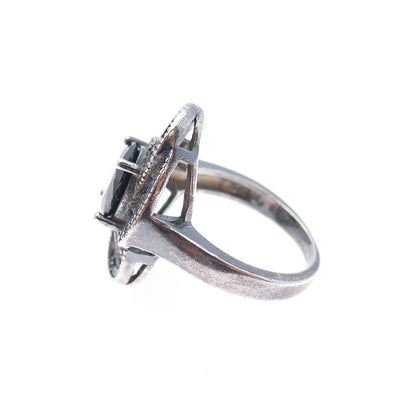 925 Sterling Silver Vintage Real Black Spinel & C Z Flower Oxidized Ring Size 6