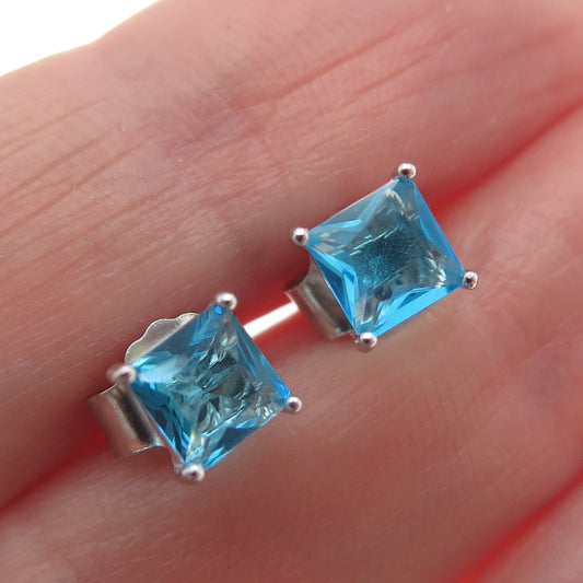 925 Sterling Silver Princess-Cut Blue C Z Stud Earrings