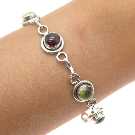 925 Sterling Silver Vintage Peridot & Tourmaline Gem Tennis Link Bracelet 7.75"